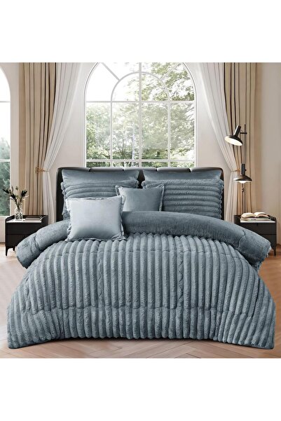 Moon مفرش شتوي نفرين مقلم مخمل على فرو طقم 6 قطع