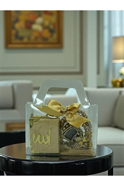 Hac AVM Çanta Görünümlü Kutu İçinde Mini Kuran, İnci Tesbih ve Taşlı Zikirmatik Hediyelik Set