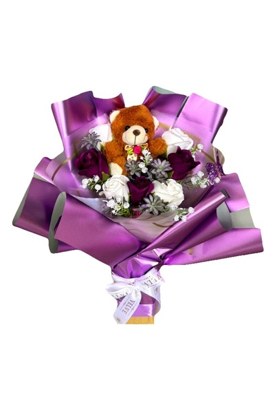 velve Μπουκέτο Love Purple, τριαντάφυλλα σαπούνι, χειροποίητα φυτά και αρκουδ...