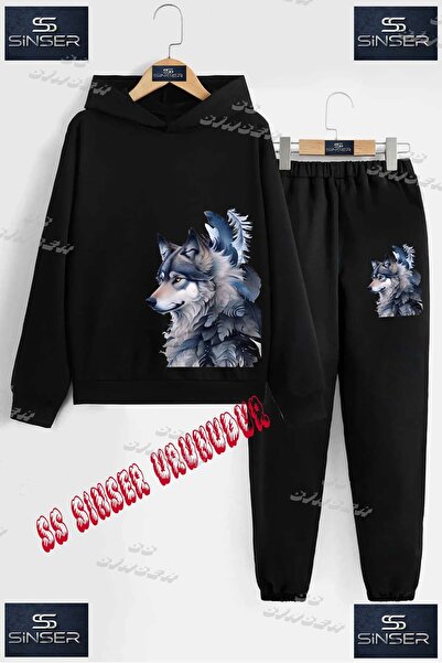 SS SİNSER Детски унисекс "WOLF GREY SIDE" специален принт с качулка