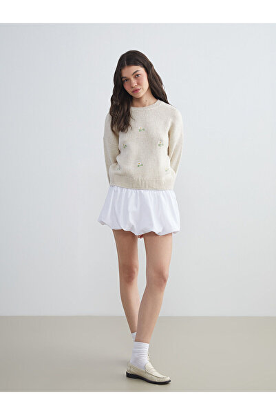 LC Waikiki Pulover de damă cu broderie florală, cu gât rotund, bej