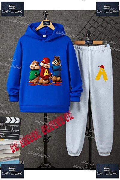 SS SİNSER Çocuk Unısex "ALVIN 3LU SINCAP AYAKTA" Özel Baskılı Kapşolu Eşofman Takımı