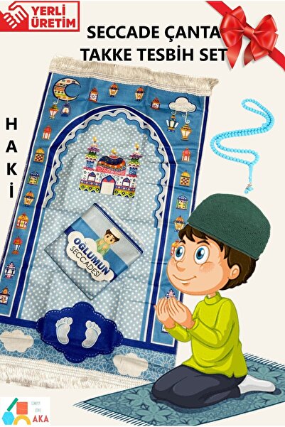 simply line Çocuk Takke Tesbih Seccade Çanta set Oğlumun Seccadesi Namazlık N...
