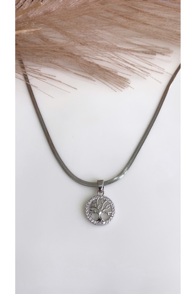 JustGAF Silver Color Italian Flat Chain Steel Necklace with Tree of Life Figure