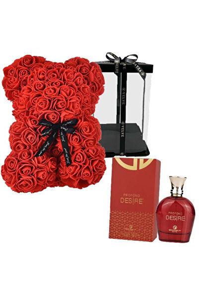 velve Set cadou fete, Ursulet floral din spuma, rosu 25 cm si Parfum Grandeur Elite Desire 100ml, Rosu