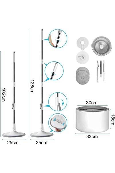 GENERAL Spin Floor Mop with Wash and Dry Bucket - Round Head with 2 Microfiber Pads - Modern Grey Design