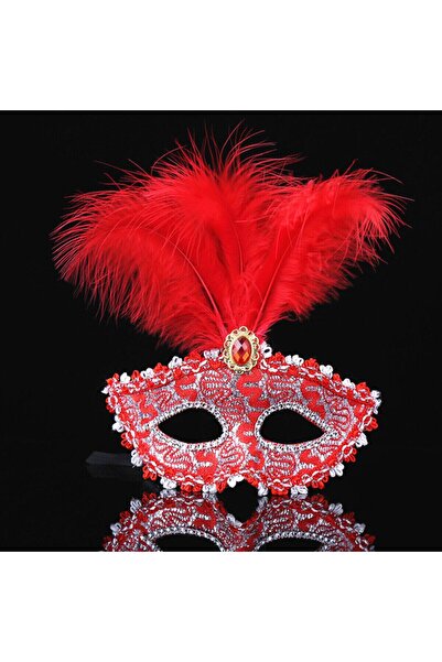 Vipfoni Lace Embroidered Red Feather Prom Party Mask 17x20 cm
