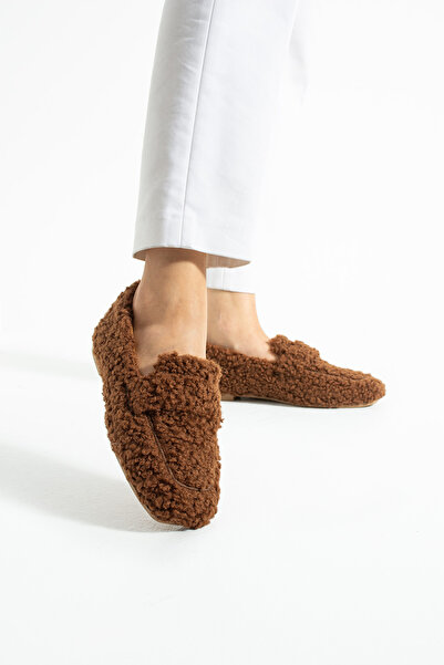Mode Cool Kadın Loafer Peluş Astarlı Oval Burunlu Alçak Desenli Tabanlı Ayakkabı