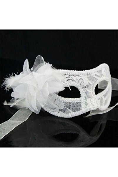 Vipfoni Dantel İşlemeli Beyaz Yandan Tüylü Balo Parti Maskesi 17x20 cm