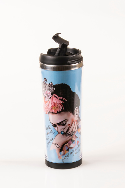 MUKKO HOME Frida Decorated Steel Mug - 360 ml |   Leak-Proof Lid, Steel Inner Bowl, 19 cm