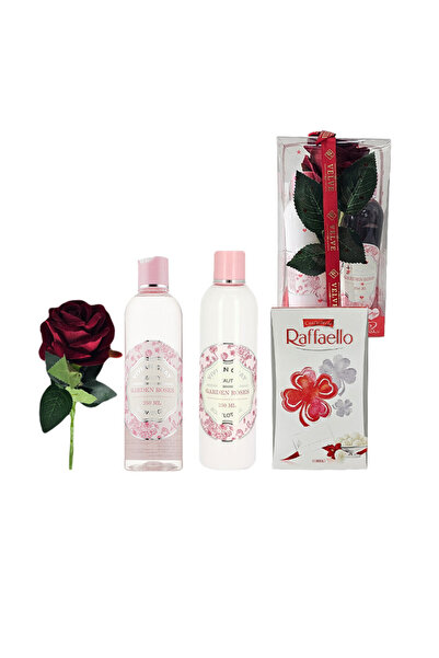 velve Γυναικείο πακέτο δώρου με τριαντάφυλλο, πραλίνες, αφρόλουτρο, κρέμα σώμ...