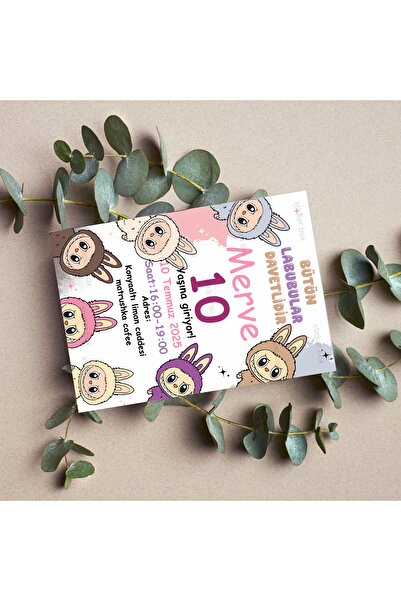 Think And Print 20 ADET LABUBU TEMA Davetiye Çocuk Parti Malzemesi Doğum Günü Süsü Sünnet Davetiye Kart Kişiye Özel