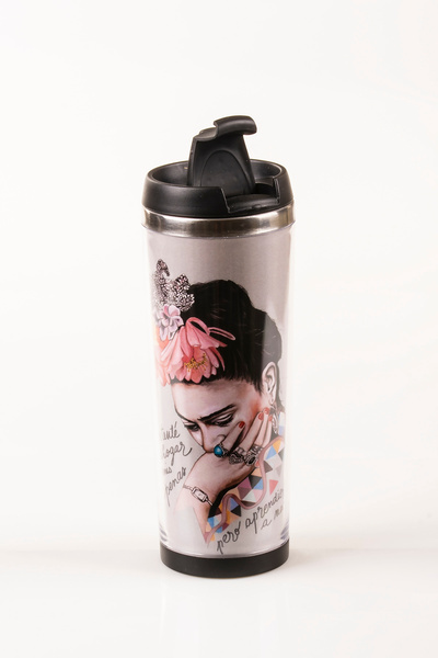 MUKKO HOME Frida Decorated Steel Mug - 360 ml |   Leak-Proof Lid, Steel Inner Bowl, 19 cm