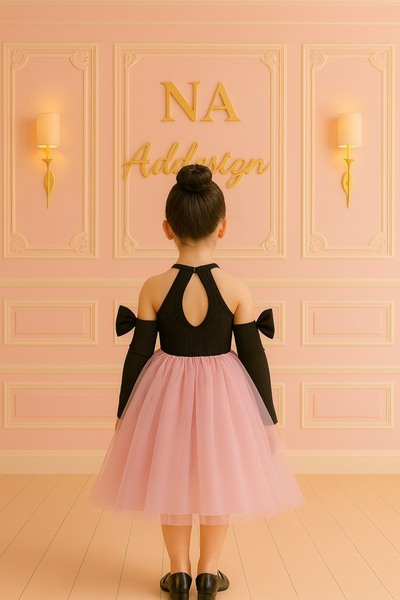 NA ADDESIGN Рокля с туту – черна и розова, с детайли на гърба и ръкави с маншети