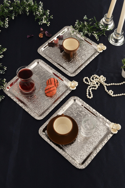 AKSESUAR EVRENİ Berlin Gümüş Paslanmaz Desenli Kare Köşesi Taş Detaylı 3'lü Kahve Çay Sunumluk Servis Tepsi