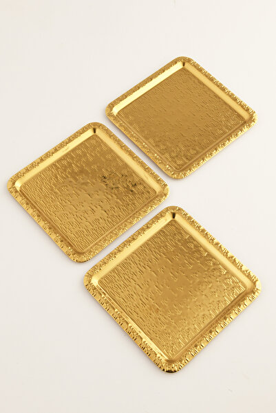 AKSESUAR EVRENİ Alora Gold Stainless Patterned Square 3-Piece Coffee Tea Serving Tray
