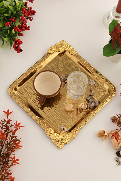 AKSESUAR EVRENİ Abra Gold Paslanmaz Desenli Kare Köşesi Gold Çiçek Detaylı 1'...