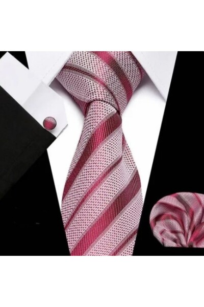 KESNUP Elegant tie, handkerchief and 2 cufflinks set, striped pattern, Red