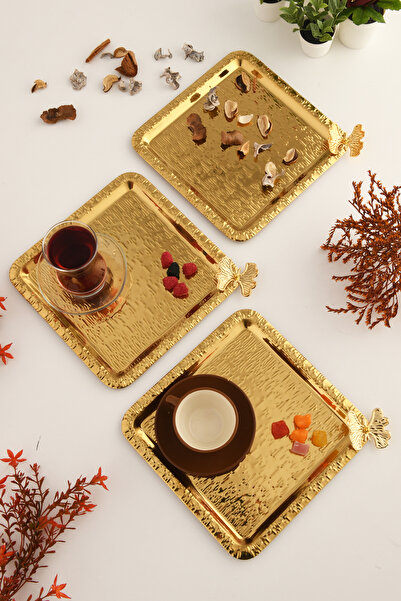 AKSESUAR EVRENİ Dolce Gold Stainless Patterned Square Corner Single Butterfly Detailed 3-Piece Coffee Tea Serving Tray