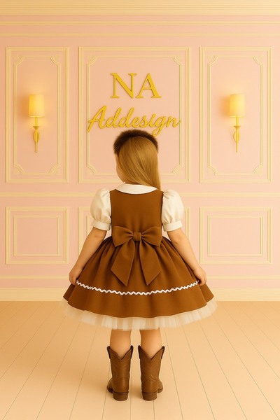 NA ADDESIGN Country Brown Bow Dress, Brown Vintge Dress, Children's Cowboy Dress