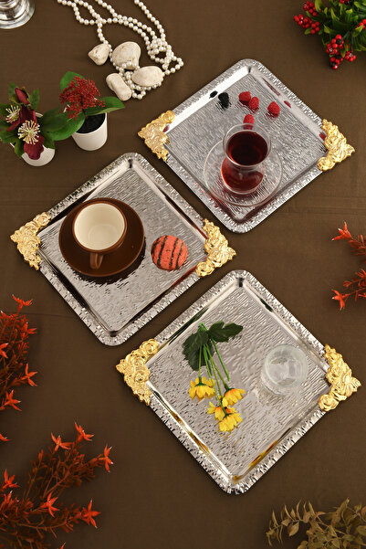 AKSESUAR EVRENİ Abra Silver Stainless Patterned Square Corner Coffee and Tea ...