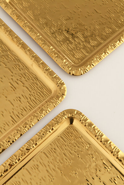 AKSESUAR EVRENİ Alora Gold Stainless Patterned Square 3-Piece Coffee Tea Serving Tray