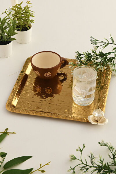 AKSESUAR EVRENİ Berlin Gold Paslanmaz Desenli Kare Köşesi Taş Detaylı 1'li Kahve Çay Sunumluk Servis Tepsi