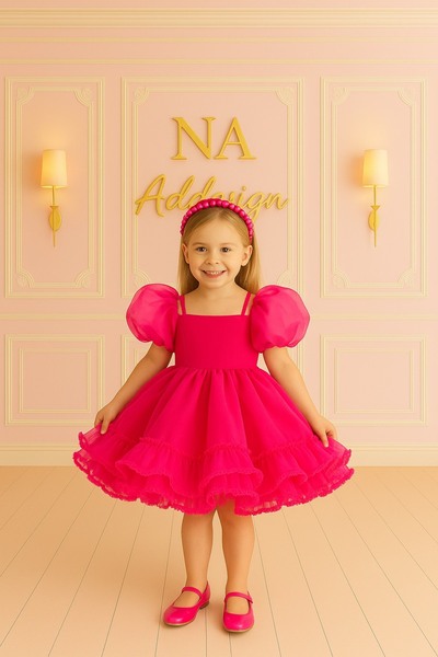 NA ADDESIGN Fuşya Rüya Prenses Elbise, Fuşya Fırfır Tüllü Kabarık Doğum Günü ...