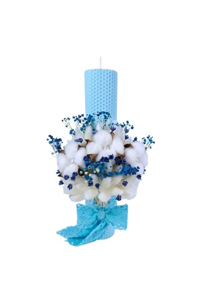 OEM Lumânare de botez din ceară de albine, decorată cu bumbac și gypsophila