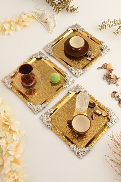 AKSESUAR EVRENİ Rio Gold Stainless Patterned Square Corner Coffee Tea Serving Tray with Silver Flower Detail, Set of 3