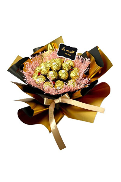 velve Delice gift bouquet, with banner and text "Happy Birthday!", 19 Ferrero pralines, Gold