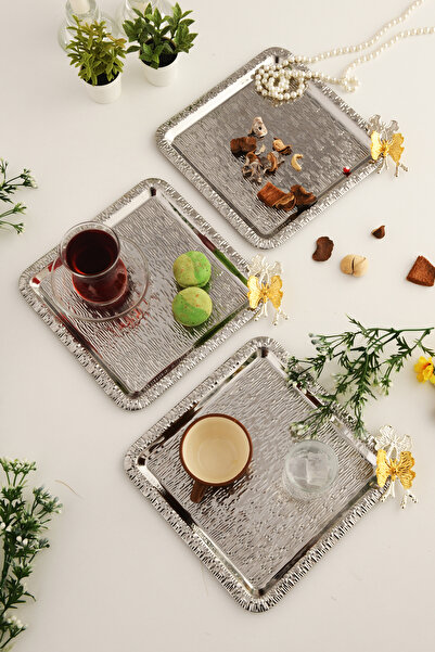 AKSESUAR EVRENİ Denver Gümüş Paslanmaz Desenli Kare Köşesi Çift Kelebek Detaylı 3'lü Kahve Çay Sunumluk Servis Tepsi