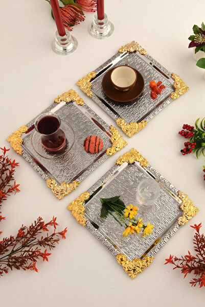 AKSESUAR EVRENİ Rio Gümüş Paslanmaz Desenli Kare Köşesi Gold Çiçek Detaylı 3'...