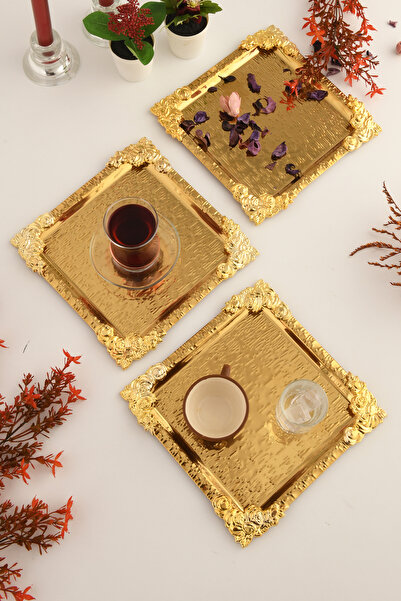 AKSESUAR EVRENİ Rio Gold Stainless Patterned Square Corner Coffee and Tea Serving Tray with Gold Flower Detail, Set of 3
