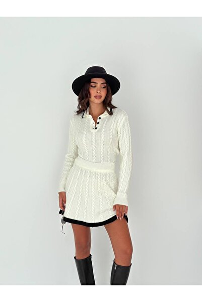 ABBA Trendy Hair Braid Patterned Polo Neck Mini Knitwear Set