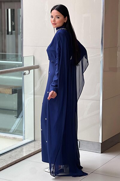 White Corner Şifon Pelerinli Damla Taşlı Abiye