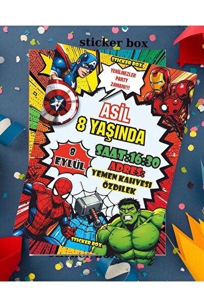 Think And Print 40 ADET YENİLMEZLER Davetiye Çocuk Parti Malzemesi Doğum Günü Süsü Sünnet Davetiye Kart Kişiye Özel