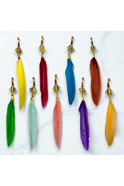 dela otantik Handmade Long Colorful Feather Earrings – Bohemian Style Festival Jewelry - Authentic Ethnic Vintage Bijouterie Jewelry