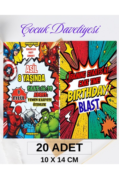 Think And Print 20 ADET Davetiye Çocuk Parti Malzemesi Doğum Günü Süsü Sünnet Davetiye Kart Kişiye Özel