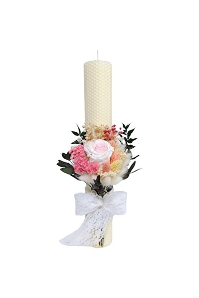 OEM Lumânare de botez din ceară de albine cu trandafir conservat și flori usc...