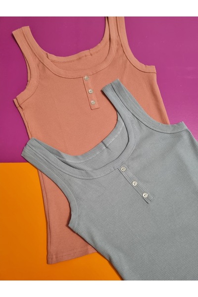 Demirsa Boutique Modelli Fitilli Pamuklu Penye Kaşkorse Kumaş Kalın Askılı Gül Kurusu ve Mavi Renk Kadın 2'li Atlet