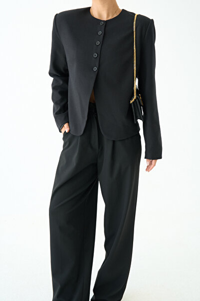 LOOSH Kadın Siyah Bisiklet Yaka Vatkalı Tasarım Blazer Ceket