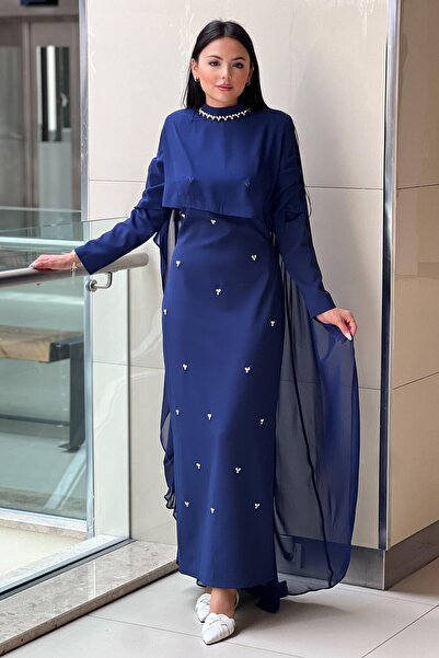 White Corner Şifon Pelerinli Damla Taşlı Abiye