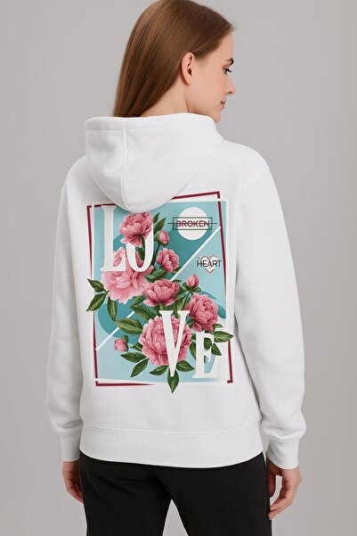 LAYORA سويت شيرت بقلنسوة مطبوع عليه زهور وشعار الحب - أزياء كاجوال للجنسين