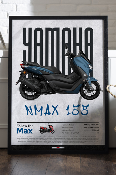 Duvarda Yamaha NMAX 155 Siyah Ahşap Çerçeveli Poster, Dekoratif Motosiklet Du...
