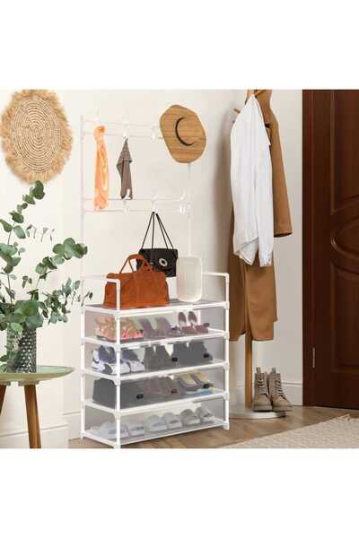 Casco حامل ملابس وأحذية احترافي متعدد الوظائف بأربعة أرفف لتخزين الاحذية مع خطافات شماعات ملابس