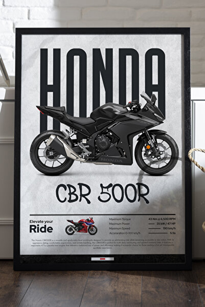 Duvarda Honda CBR 500R Siyah Ahşap Çerçeveli Poster, Dekoratif Motosiklet Duv...