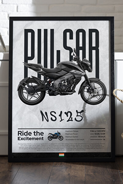 Duvarda Bajaj Pulsar NS 125 Siyah Ahşap Çerçeveli Poster, Dekoratif Motosikle...
