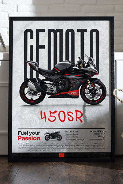 Duvarda CFMOTO 450 SR Siyah Ahşap Çerçeveli Poster, Dekoratif Motosiklet Duva...