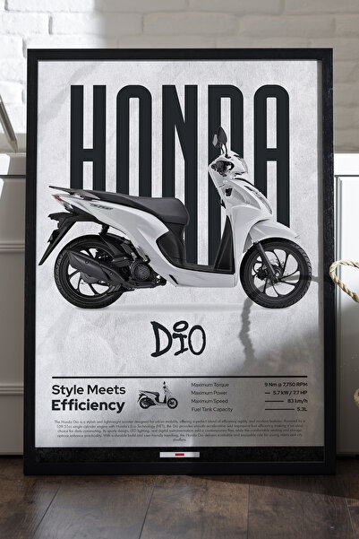 Duvarda Honda Dio Siyah Ahşap Çerçeveli Poster, Dekoratif Motosiklet Duvar Ta...
